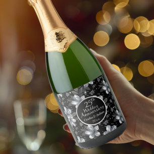 25th Silver Glitter Floral Wedding Anniversary  Sparkling Wine Label
