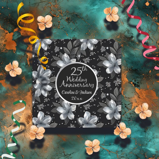 25th Silver Glitter Floral Wedding Anniversary  Square Paper Coaster (Creator Uploaded)
