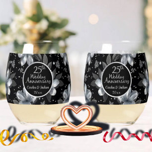 25th Silver Glitter Floral Wedding Anniversary  Stemless Wine Glass
