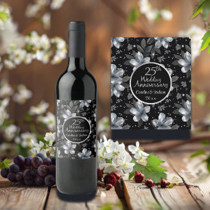 25th Silver Glitter Floral Wedding Anniversary Wine Label