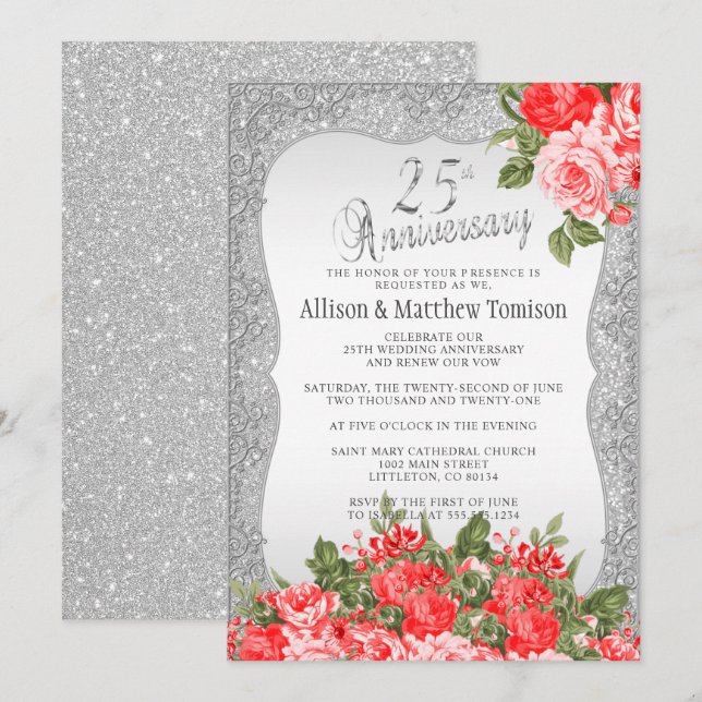 25th Silver Glitter Wedding Anniversary | DIY Text Invitation (Front/Back)