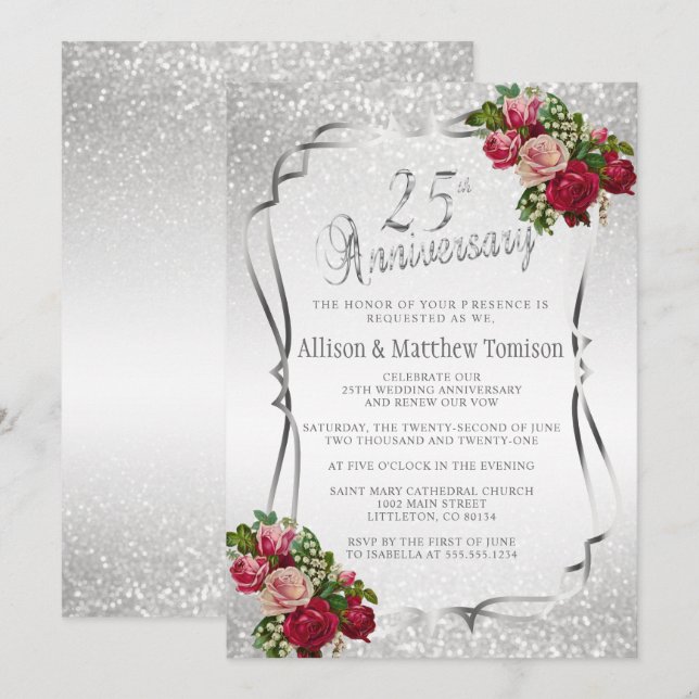 25th Silver Glitter Wedding Anniversary | DIY Text Invitation (Front/Back)