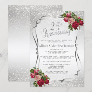25th Silver Glitter Wedding Anniversary   DIY Text Invitation