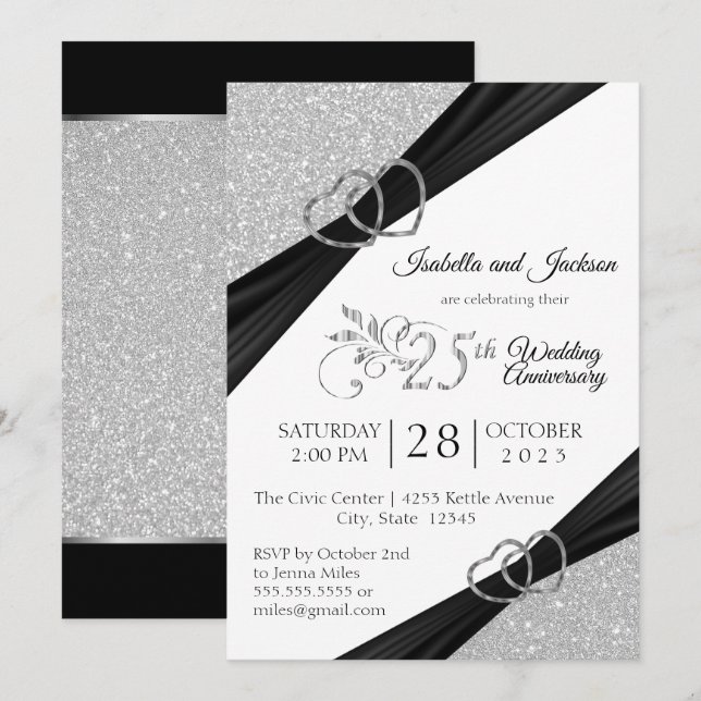 25th Silver Glitter Wedding Anniversary Invitation (Front/Back)