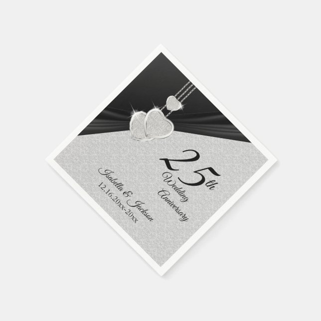 25th Silver Grey & Black Wedding Anniversary Napkin (Corner)