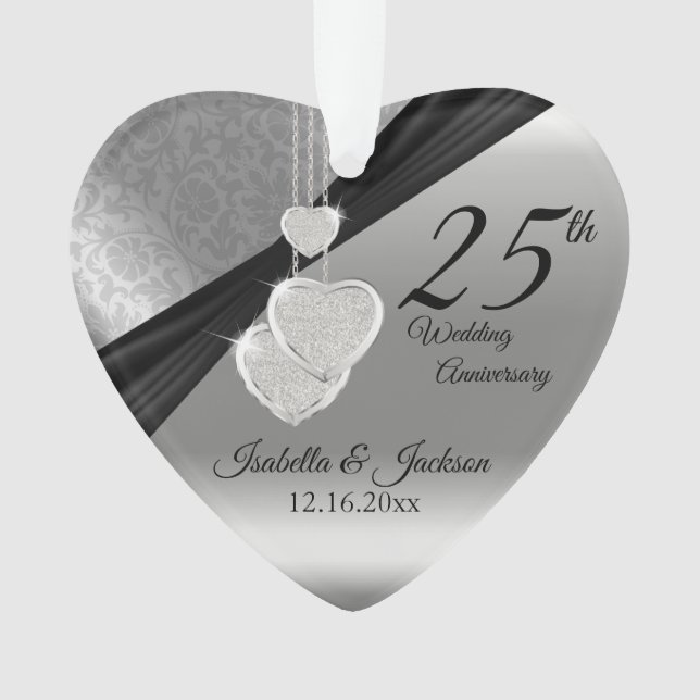 25th Silver Metallic Wedding Anniversary Keepsake Ornament (Front)