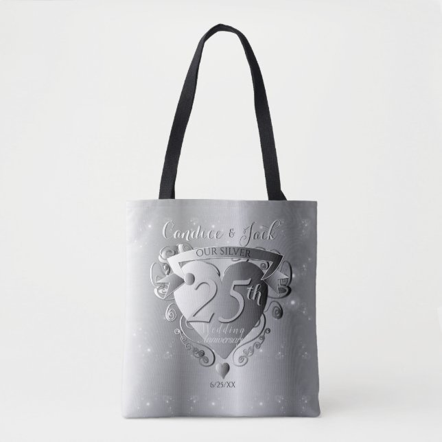 25th Silver Wedding Anniversary 3D Heart Emblem Tote Bag (Front)