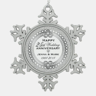 25th Silver Wedding Anniversary 4 Snowflake Pewter Christmas Ornament