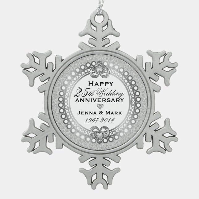 25th Silver Wedding Anniversary 4 Snowflake Pewter Christmas Ornament (Front)
