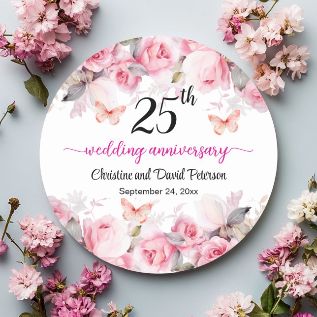 25th Silver Wedding Anniversary Blush Roses Classic Round Sticker (Creator Uploaded)