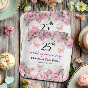 25th Silver Wedding Anniversary Blush Roses Paper Plate