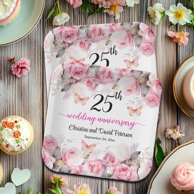 25th Silver Wedding Anniversary Blush Roses Paper Plate (Creator Uploaded)