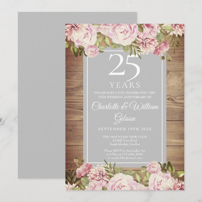 25th Silver Wedding Anniversary Boho Rustic Roses Invitation (Front/Back)