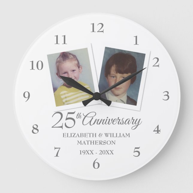 25th Silver Wedding Anniversary Childhood Photos Large Clock (Front)