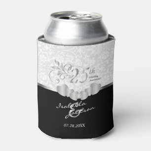 25th Silver Wedding Anniversary Damask Pattern Can Cooler