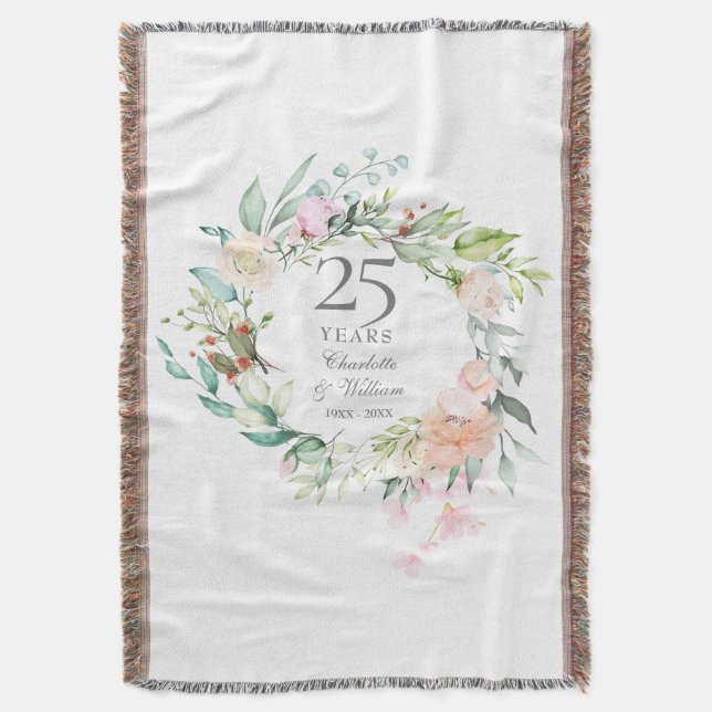 25th Silver Wedding Anniversary Floral Garland Throw Blanket (Front Vertical)