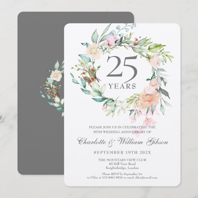 25th Silver Wedding Anniversary Floral Metallic Invitation (Front/Back)