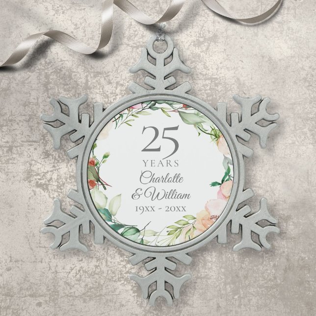 25th Silver Wedding Anniversary Floral Watercolor Snowflake Pewter Christmas Ornament (25th Silver Wedding Anniversary Floral Watercolor Snowflake Pewter Christmas Ornament)