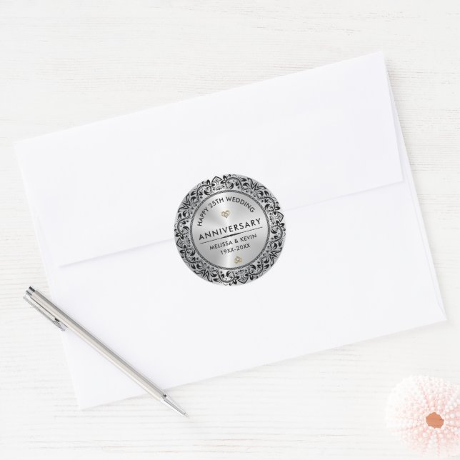 25th Silver Wedding Anniversary Gift Black Swirls  Classic Round Sticker (Envelope)