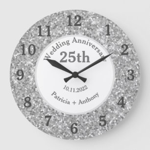 25th Silver Wedding Anniversary Glitter Glam Large Clock