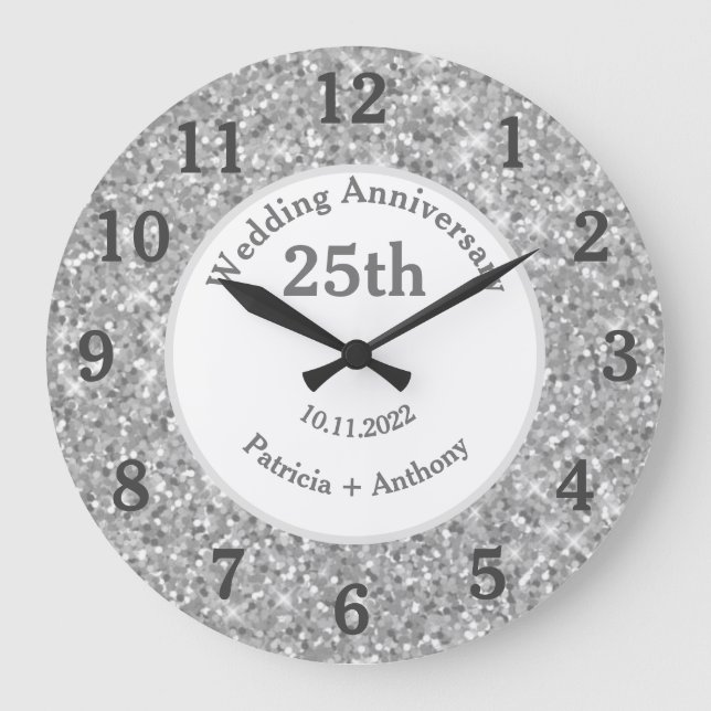 25th Silver Wedding Anniversary Glitter Glam Large Clock (Front)