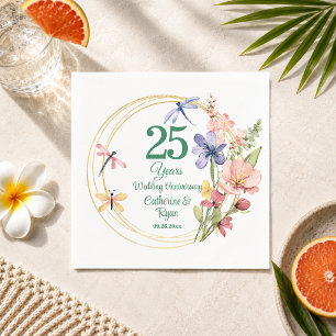 25th Silver Wedding Anniversary Gold Frame Floral Napkin
