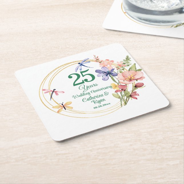 25th Silver Wedding Anniversary Gold Frame Floral Square Paper Coaster (Angled)