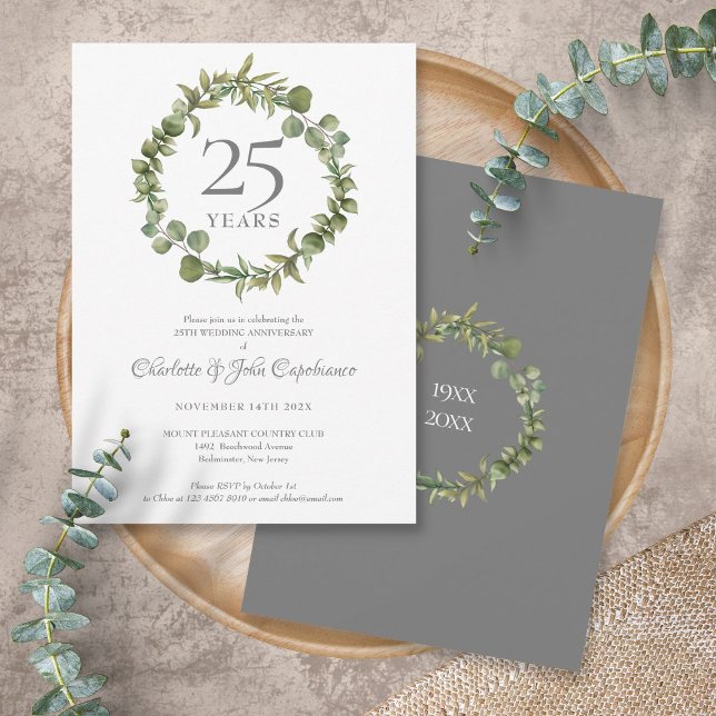 25th Silver Wedding Anniversary Greenery Garland  Invitation (Creator Uploaded)