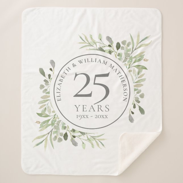 25th Silver Wedding Anniversary Greenery Sherpa Blanket (Front)
