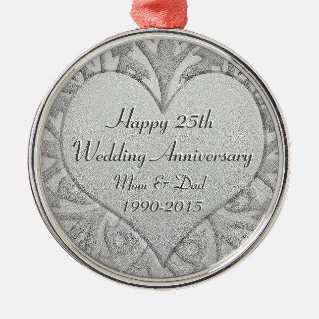 25th Silver Wedding Anniversary Heart Metal Tree Decoration (Front)