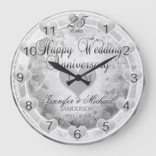 25th Silver Wedding Anniversary Hearts Large Clock
