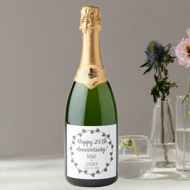 25th Silver Wedding Anniversary Ivy Wreath Sparkling Wine Label (In Situ Table)