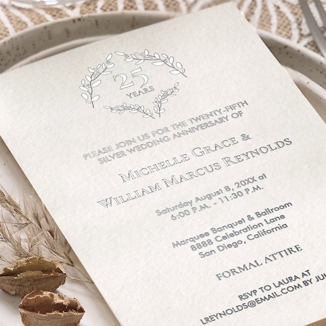 25th Silver Wedding Anniversary Luxe elegant (Silver 25th wedding anniversary real foil invitation.)