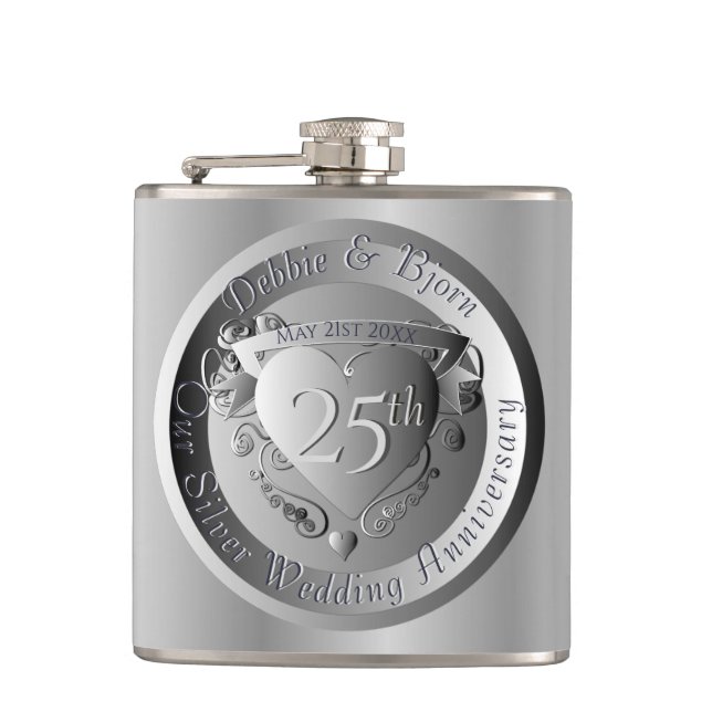 25th Silver Wedding Anniversary Medallion Hip Flask (Front)