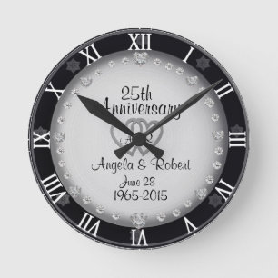 25th Silver Wedding Anniversary Monogram Round Clock
