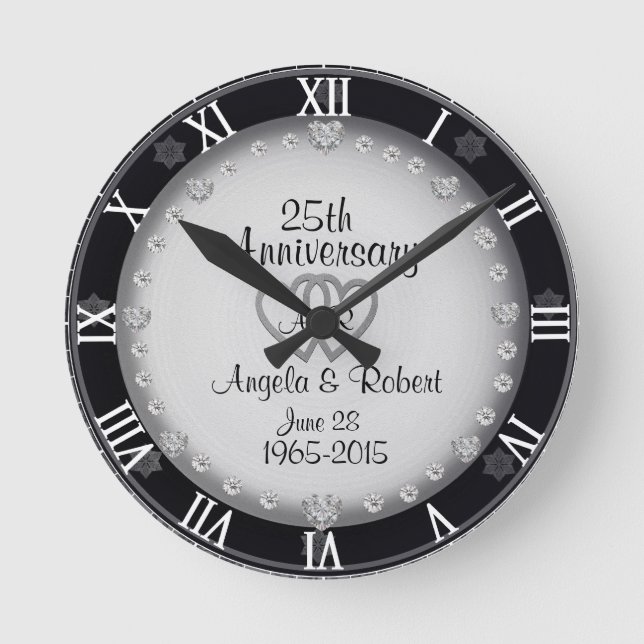 25th Silver Wedding Anniversary Monogram Round Clock (Front)