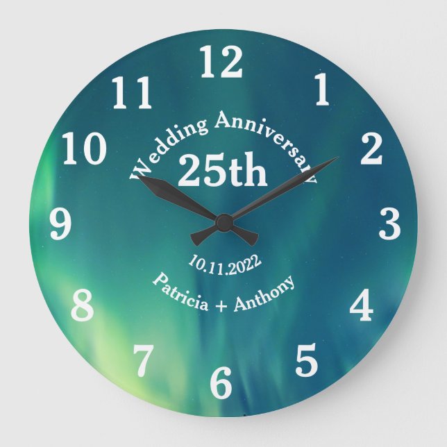 25th Silver Wedding Anniversary Northern Lights Large Clock (Front)