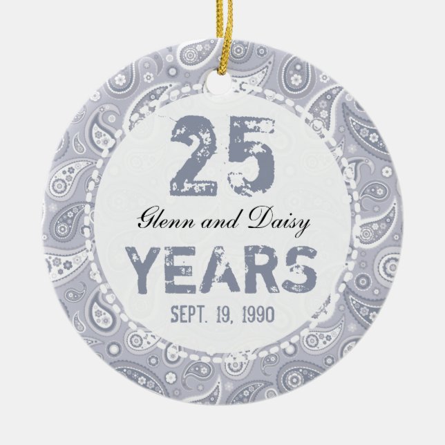 25th Silver Wedding Anniversary Paisley Monogram Ceramic Tree Decoration (Front)