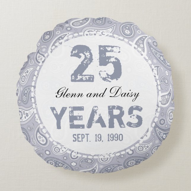 25th Silver Wedding Anniversary Paisley Pattern Round Cushion (Front)