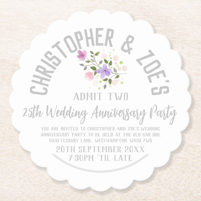 25th Silver Wedding Anniversary Party Invitation Paper Coaster (Front)