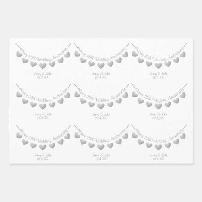 25th silver wedding anniversary personalised wrapping paper sheet (Front)