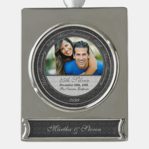 25th Silver Wedding Anniversary Photo and Year Plated Banner Ornament