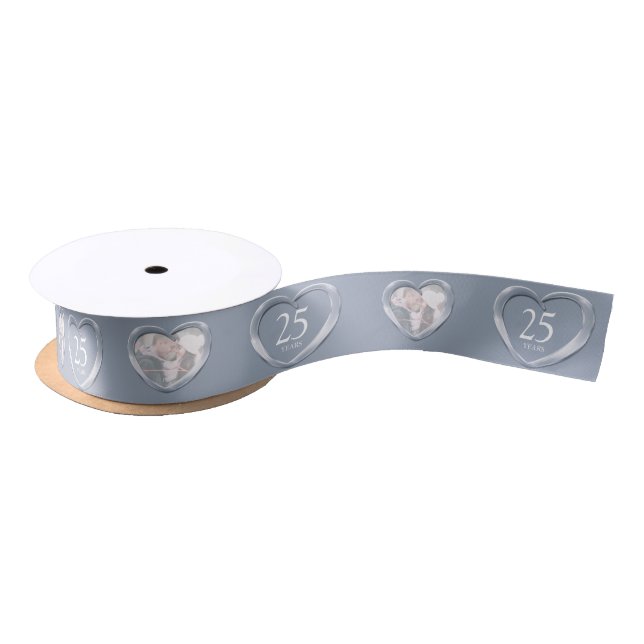25th silver wedding anniversary photo heart satin ribbon (Spool)