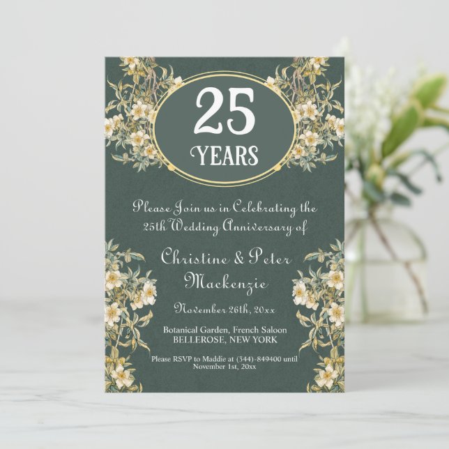 25th Silver Wedding Anniversary Rich Floral Invitation (Standing Front)