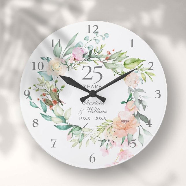 25th Silver Wedding Anniversary Roses Floral Large Clock (25th Silver Wedding Anniversary Roses Floral Large Clock)