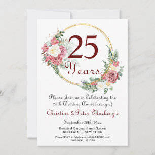 25th Silver Wedding Anniversary Roses Gold Frame Invitation