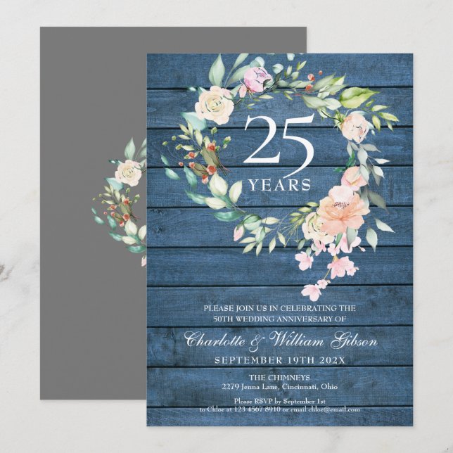 25th Silver Wedding Anniversary Rustic Wood Floral Invitation (Front/Back)