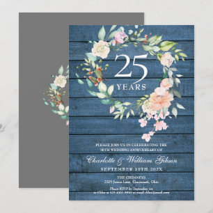 25th Silver Wedding Anniversary Rustic Wood Floral Invitation
