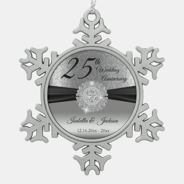 25th Silver Wedding Anniversary Snowflake Pewter Christmas Ornament (Front)