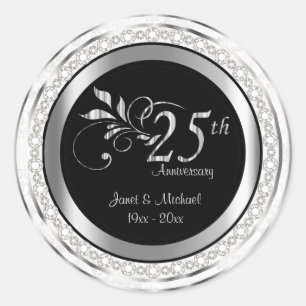 25th Silver Wedding Anniversary - White Damask Classic Round Sticker